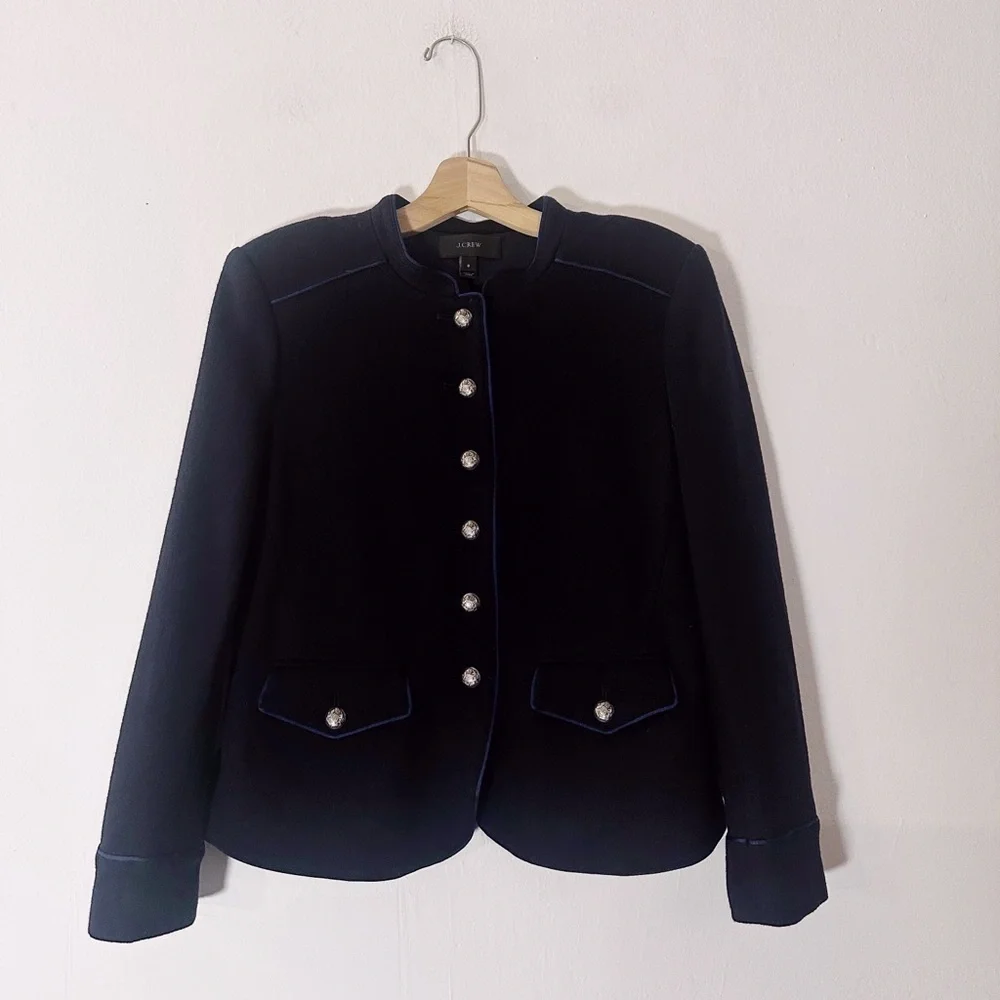 J. Crew Military Style Wool Cotton Jacket Navy Blue Silver Buttons